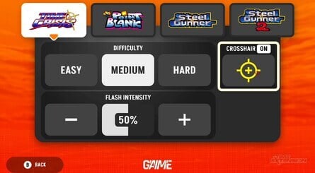 Clockwise, from top left: This is the game selection menu that greets you when you turn on the Premium and Ultimate editions of G'AIM'E; The pause menu; The calibration screen; The options menu, which is different for each title, allows you to tinker with things like on-screen cursors and overall difficulty