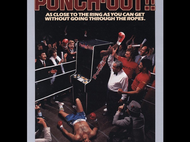 Left: The sell sheet for Punch Out!!, which was designed and conceived by Momoda. Right: images of Momoda, the Nintendo of America team, and Momoda with boxing legend Larry Holmes